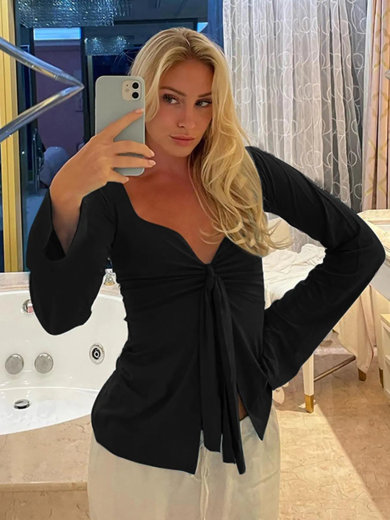 Women'S Solid Knot Front Split Hem Tee, Casual Chic Basic Feminine Long Sleeve Sweetheart Neck T-Shirt for Fall, Women'S Clothing for Daily Wear Top