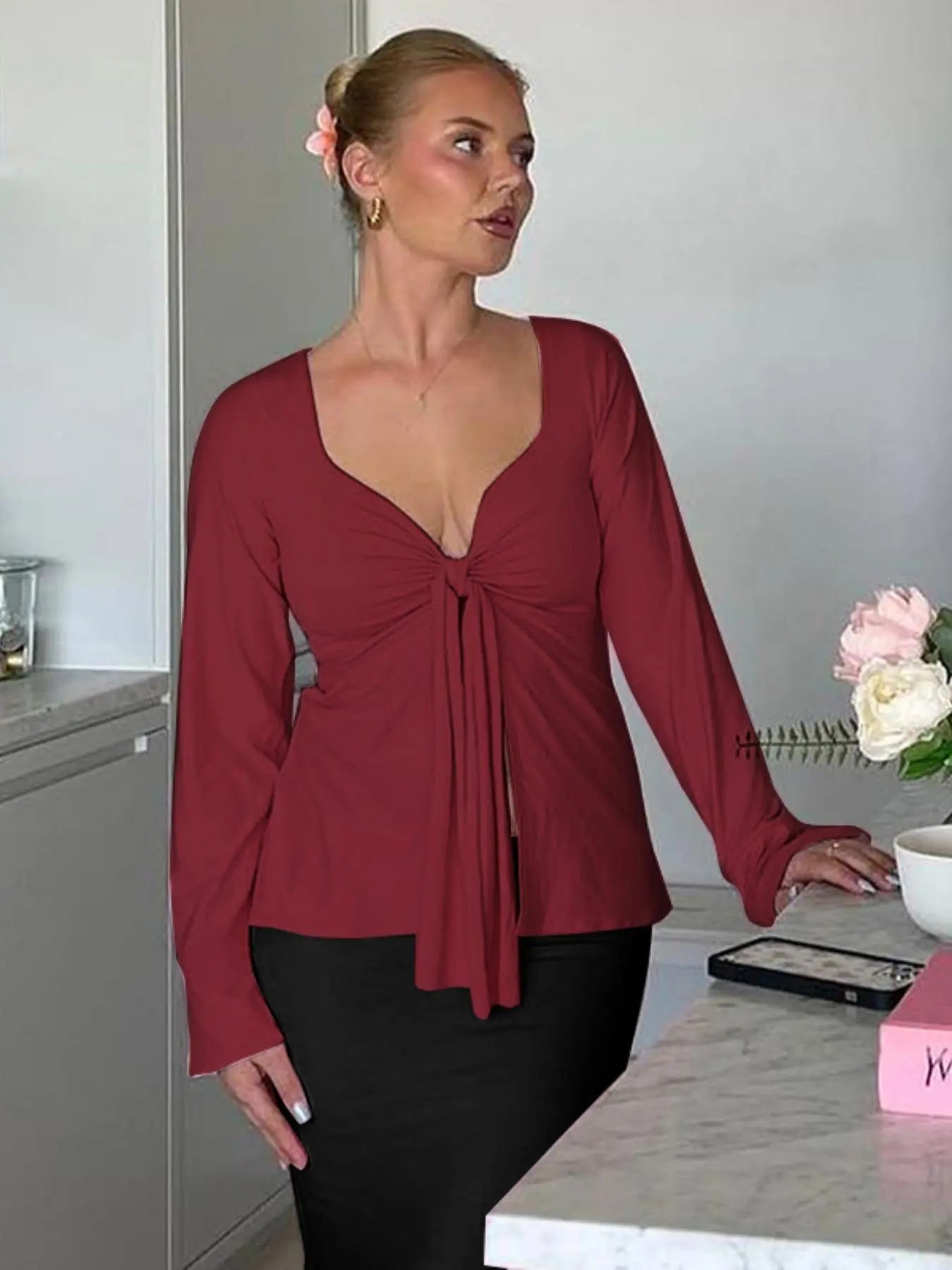 Women'S Solid Knot Front Split Hem Tee, Casual Chic Basic Feminine Long Sleeve Sweetheart Neck T-Shirt for Fall, Women'S Clothing for Daily Wear Top