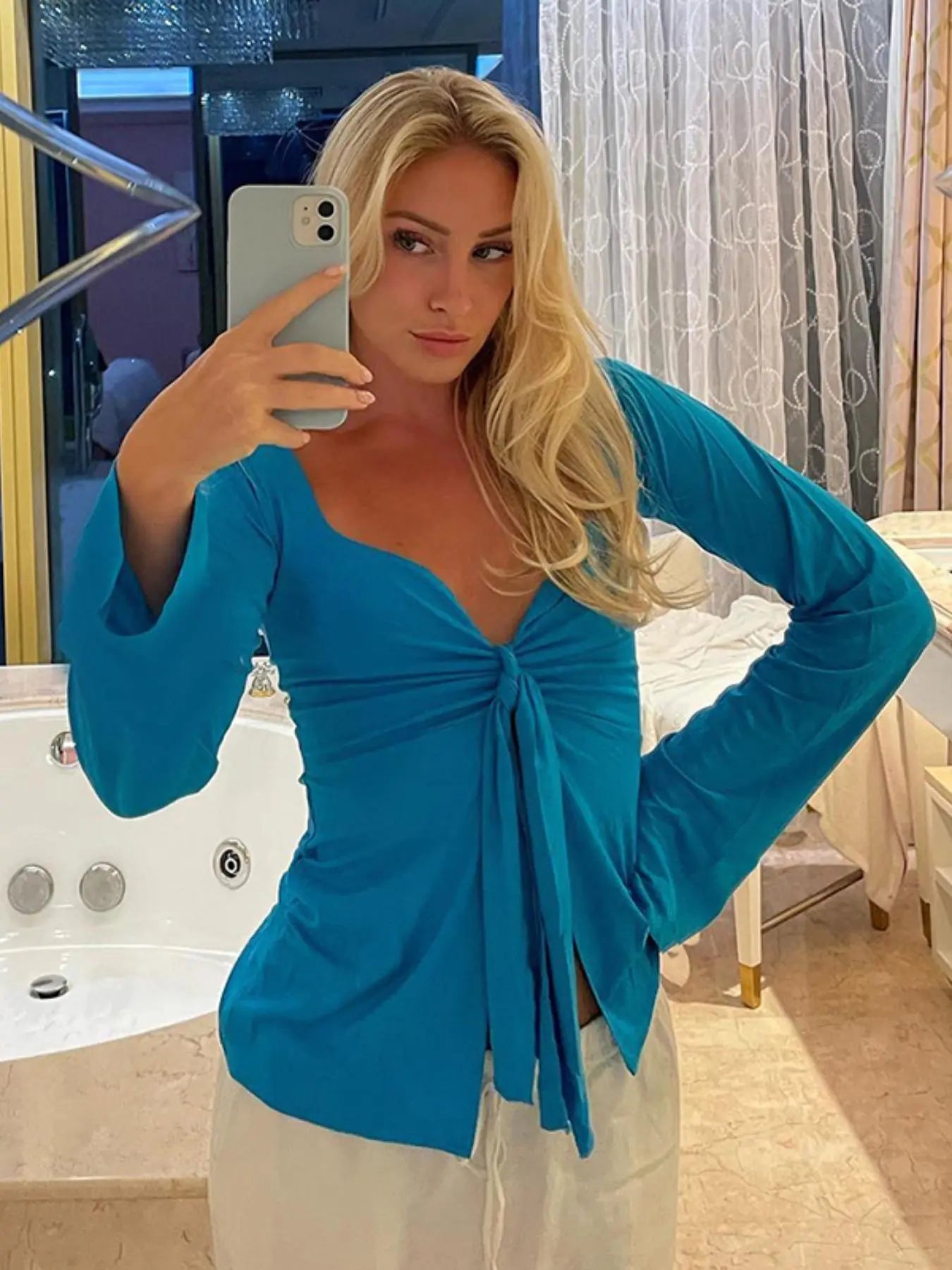Women'S Solid Knot Front Split Hem Tee, Casual Chic Basic Feminine Long Sleeve Sweetheart Neck T-Shirt for Fall, Women'S Clothing for Daily Wear Top