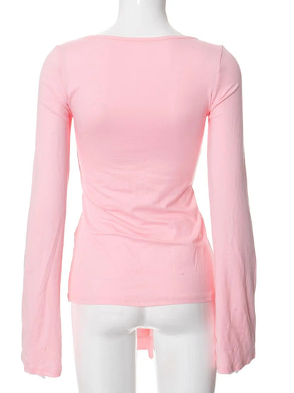 Women'S Solid Knot Front Split Hem Tee, Casual Chic Basic Feminine Long Sleeve Sweetheart Neck T-Shirt for Fall, Women'S Clothing for Daily Wear Top