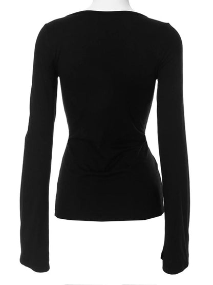 Women'S Solid Knot Front Split Hem Tee, Casual Chic Basic Feminine Long Sleeve Sweetheart Neck T-Shirt for Fall, Women'S Clothing for Daily Wear Top